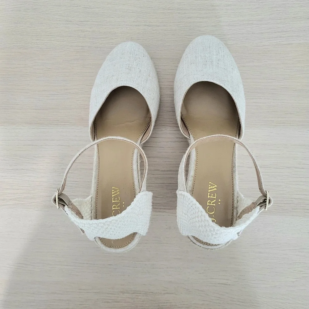 J Crew Espadrille Wedge Sandals Ankle Strap Ivory Cream Heels Jute Buckle 7.5